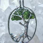 Genuine 2.32 g transparent green Moldavite tree pendant from Chlum, Czech Republic, handcrafted with copper and lead-free jewellery tin with silver admixture.