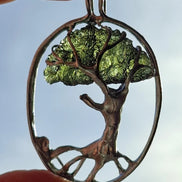 Genuine 2.32 g transparent green Moldavite tree pendant from Chlum, Czech Republic, handcrafted with copper and lead-free jewellery tin with silver admixture.