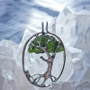 Genuine 2.32 g transparent green Moldavite tree pendant from Chlum, Czech Republic, handcrafted with copper and lead-free jewellery tin with silver admixture.