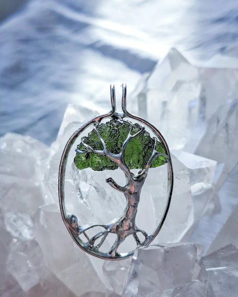 Genuine 2.32 g transparent green Moldavite tree pendant from Chlum, Czech Republic, handcrafted with copper and lead-free jewellery tin with silver admixture.