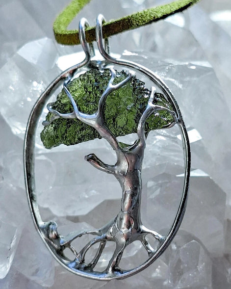 Genuine 2.32 g transparent green Moldavite tree pendant from Chlum, Czech Republic, handcrafted with copper and lead-free jewellery tin with silver admixture.