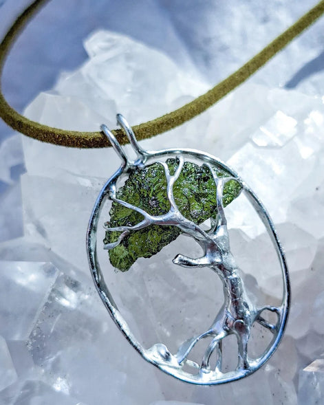 Genuine 2.32 g transparent green Moldavite tree pendant from Chlum, Czech Republic, handcrafted with copper and lead-free jewellery tin with silver admixture.