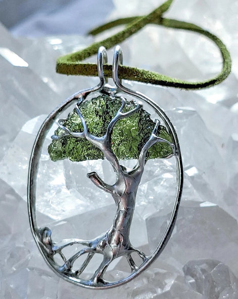 Genuine 2.32 g transparent green Moldavite tree pendant from Chlum, Czech Republic, handcrafted with copper and lead-free jewellery tin with silver admixture.