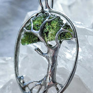 Genuine 2.32 g transparent green Moldavite tree pendant from Chlum, Czech Republic, handcrafted with copper and lead-free jewellery tin with silver admixture.