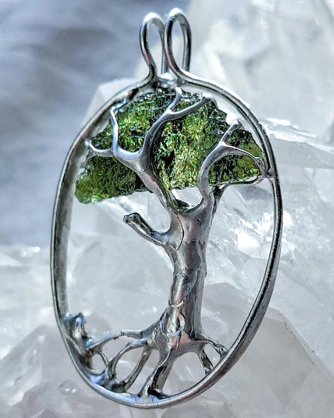 Genuine 2.32 g transparent green Moldavite tree pendant from Chlum, Czech Republic, handcrafted with copper and lead-free jewellery tin with silver admixture.