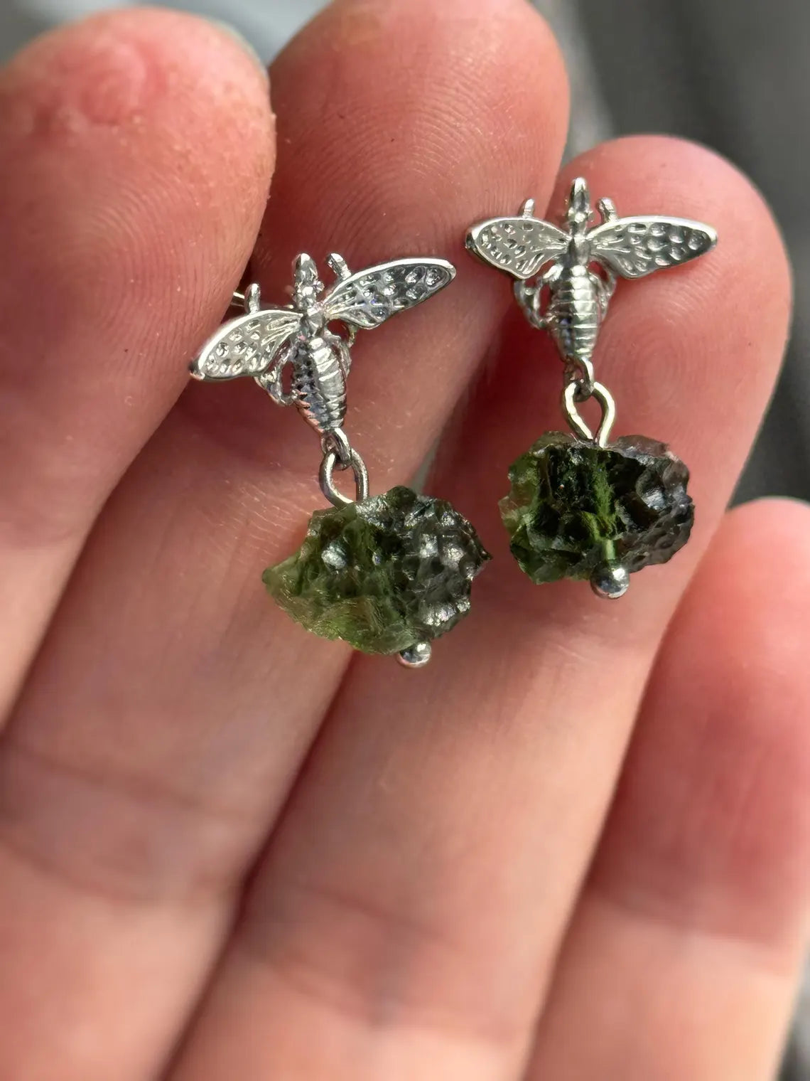 Moldavite Bee Earrings, Chlum, 1.60g