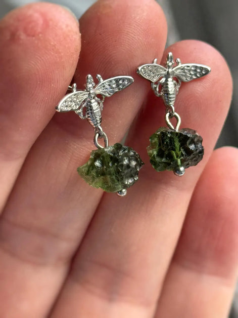 Moldavite Bee Earrings, Chlum, 1.60g