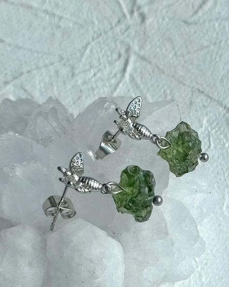 Moldavite Bee Earrings, Chlum, 1.60g