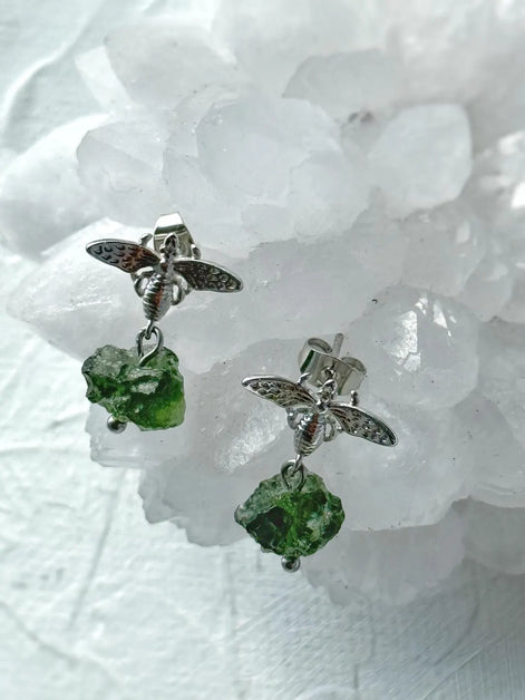 Moldavite Bee Earrings, Chlum, 1.60g