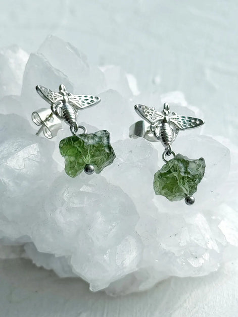 Moldavite Bee Earrings, Chlum, 1.60g