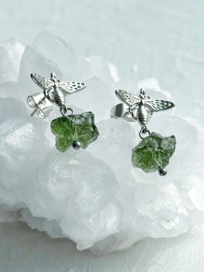 Moldavite Bee Earrings, Chlum, 1.60g