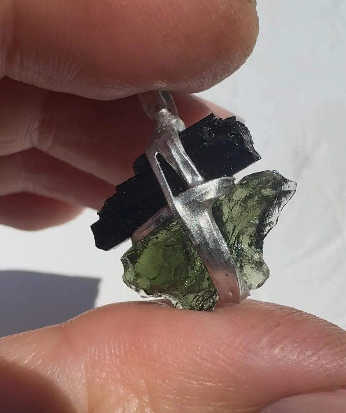 Moldavite & Black Tourmaline Pendant, Ločenice, 1.15g