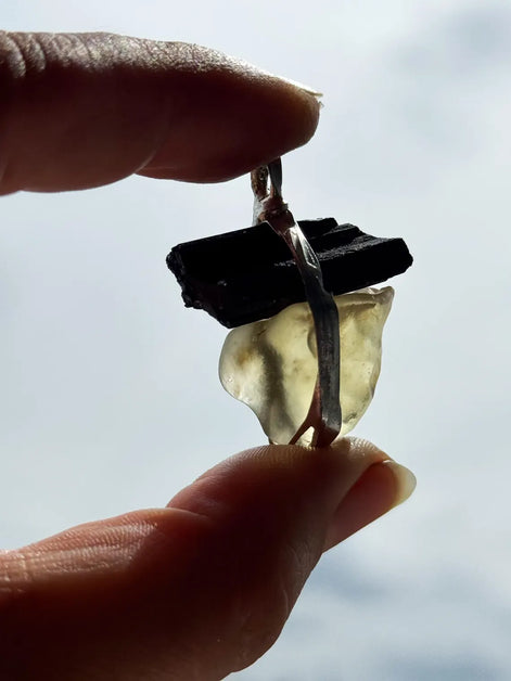 Libyan Desert Glass & Black Tourmaline Pendant