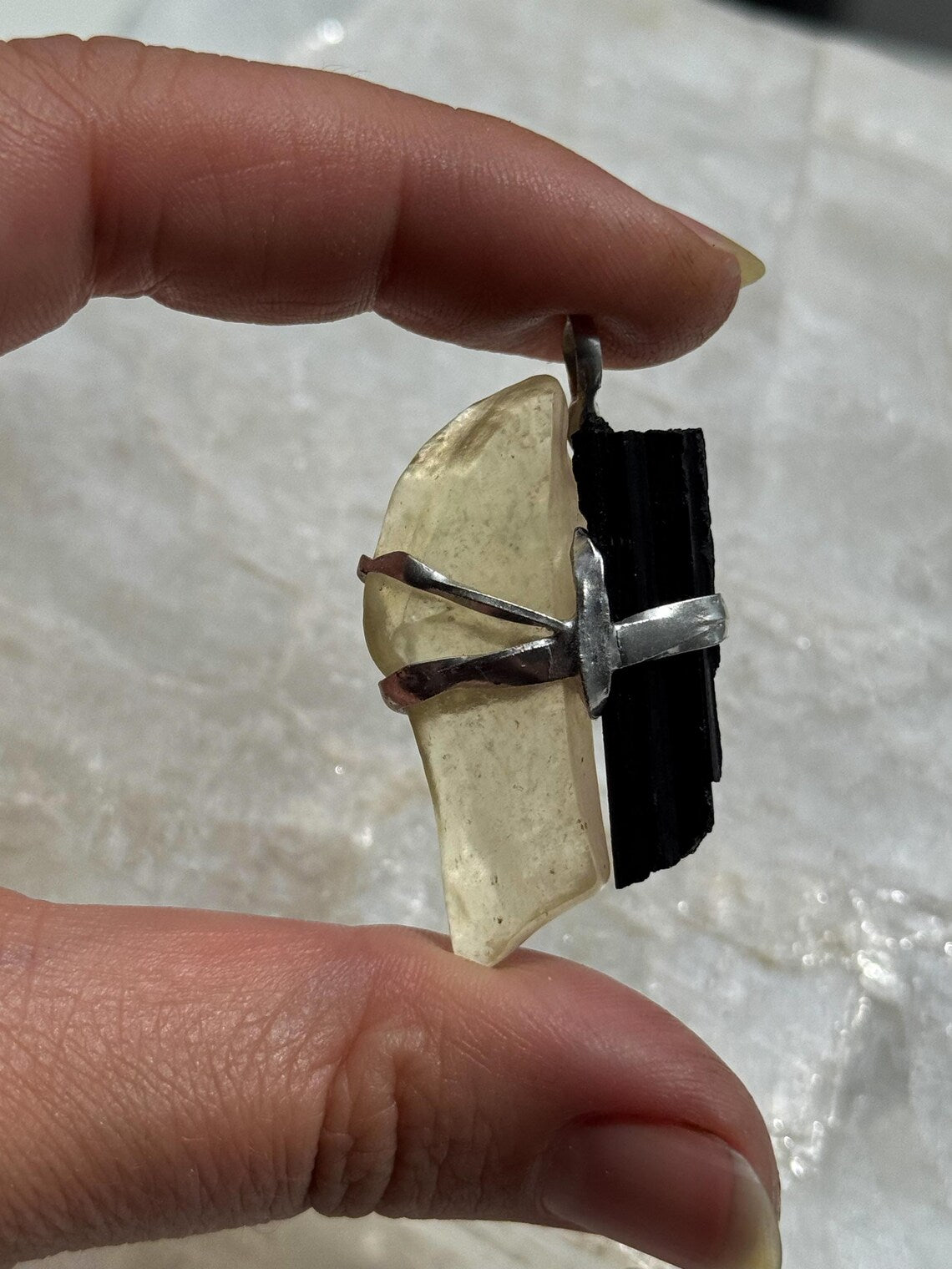 Libyan Desert Glass & Black Tourmaline Pendant