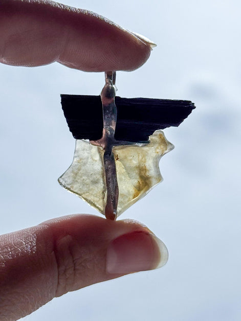 Libyan Desert Glass & Black Tourmaline Pendant