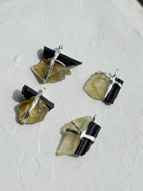 Libyan Desert Glass & Black Tourmaline Pendant