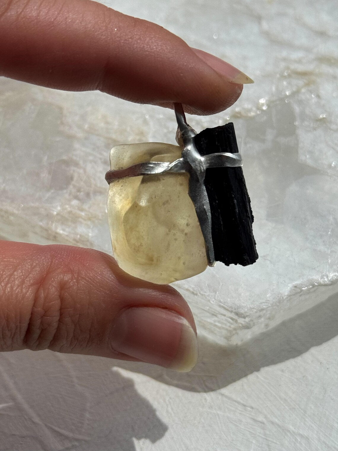 Libyan Desert Glass & Black Tourmaline Pendant