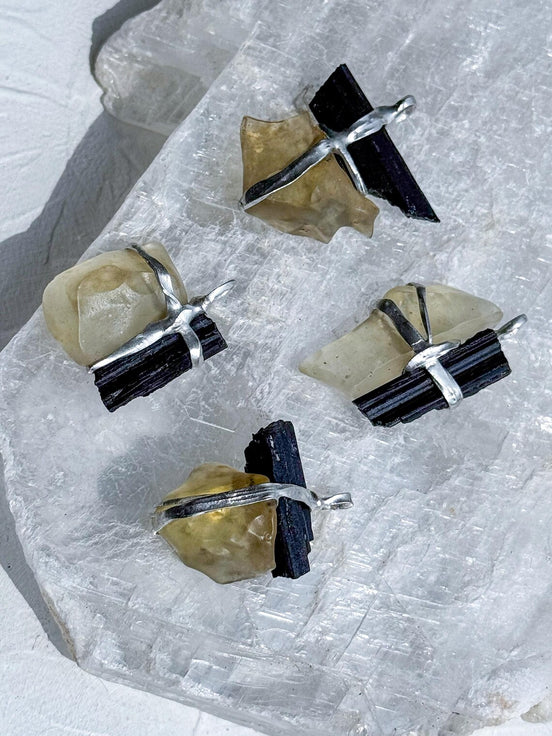 Libyan Desert Glass & Black Tourmaline Pendant