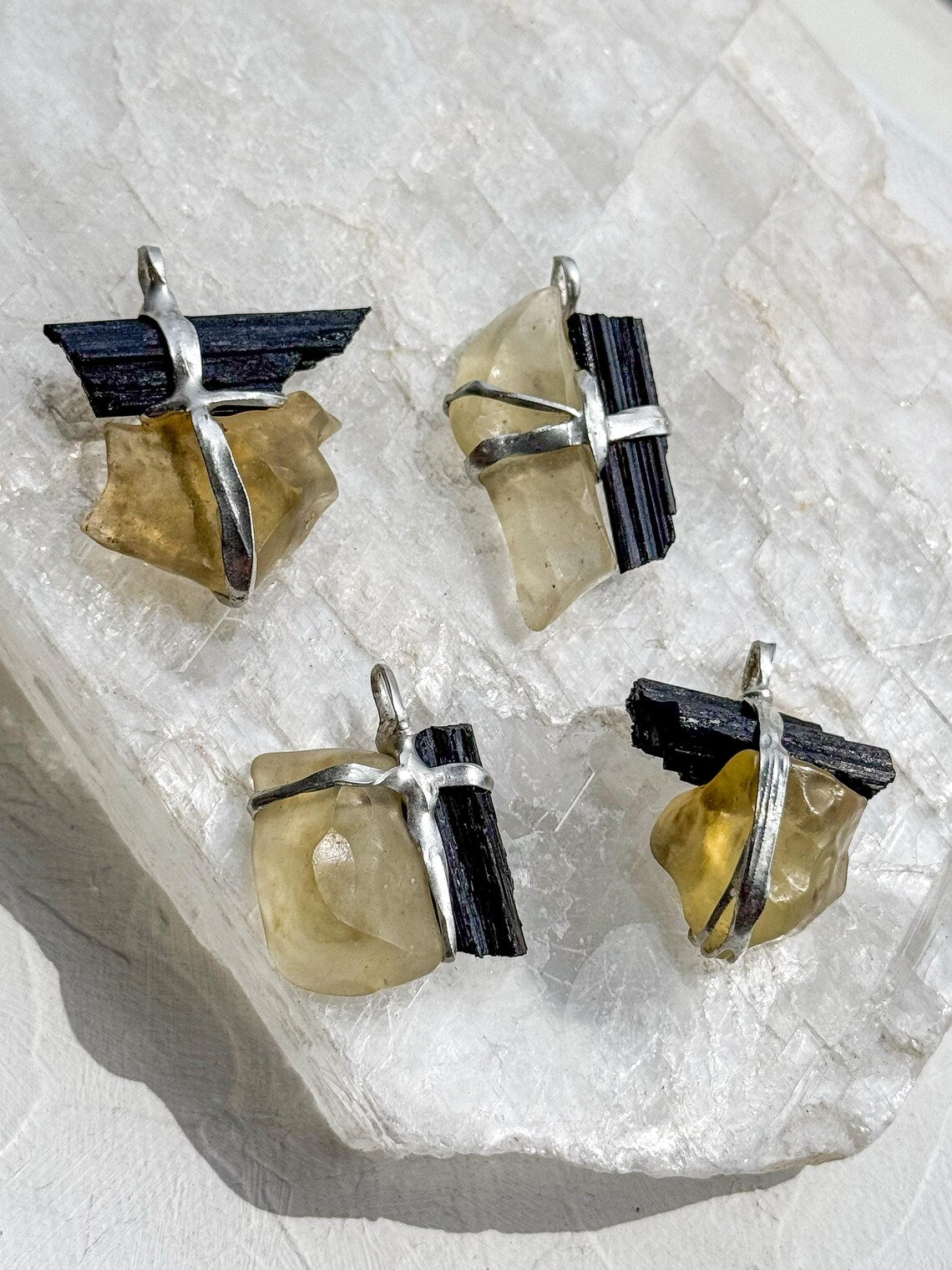 Libyan Desert Glass & Black Tourmaline Pendant