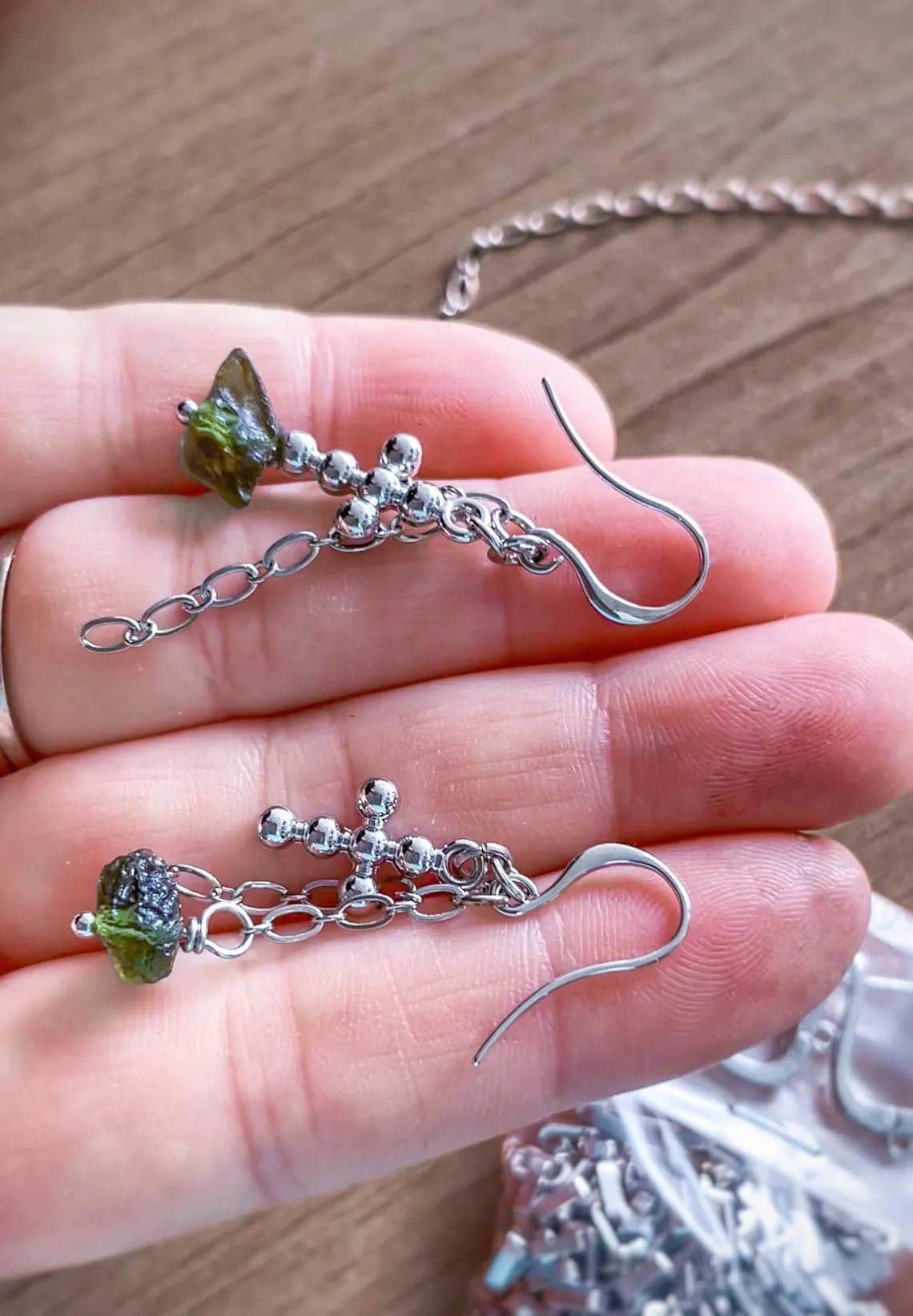 Moldavite Cross Earrings, Chlum, 0.90g