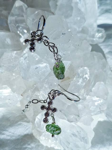 Moldavite Cross Earrings, Chlum, 0.90g