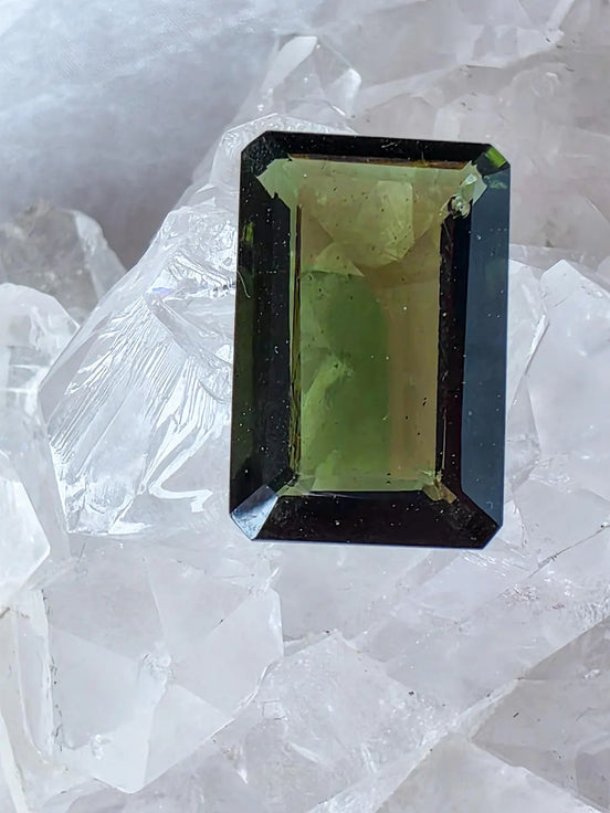 Faceted Emerald Cut Moldavite Stone, Chlum, 3.05g