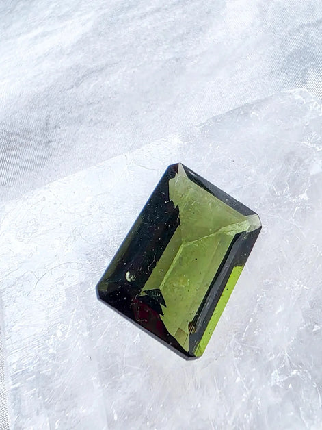 Faceted Emerald Cut Moldavite Stone, Chlum, 3.05g