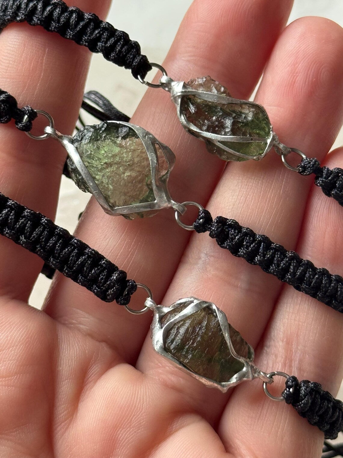 Moldavite Bracelet, Chlum, 0.8g, Black Nylon Cord