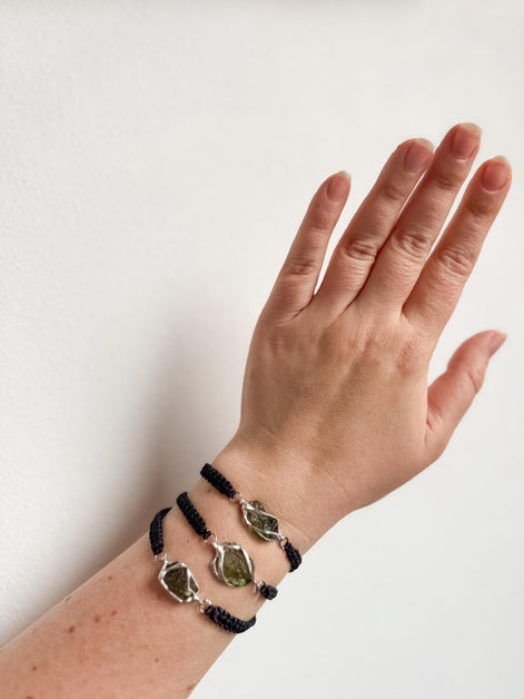 Moldavite Bracelet, Chlum, 0.8g, Black Nylon Cord