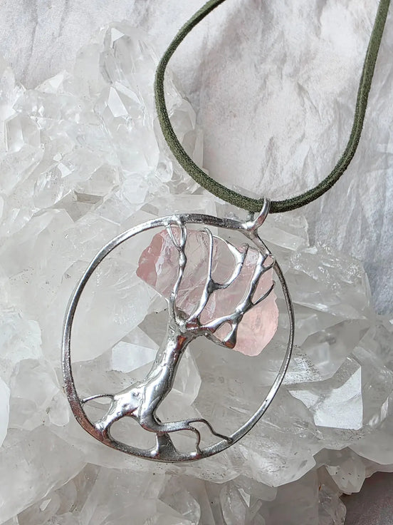 Raw Rose Quartz Tree Pendant