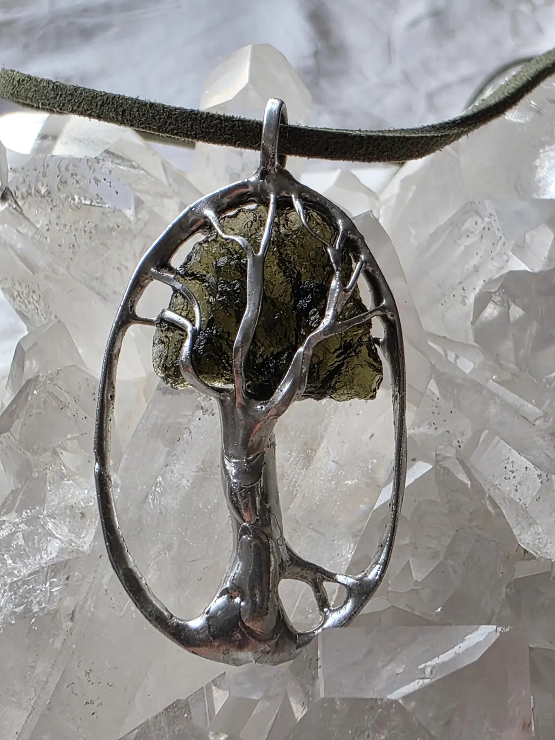 Olive-Green Moldavite Tree Pendant, Chlum, 2g