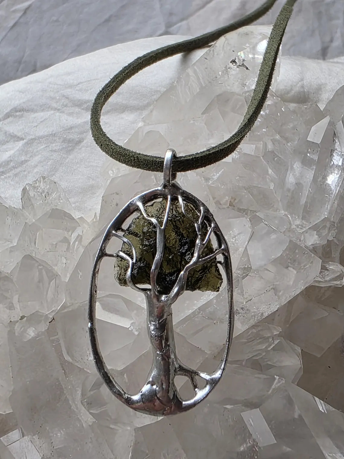 Olive-Green Moldavite Tree Pendant, Chlum, 2g
