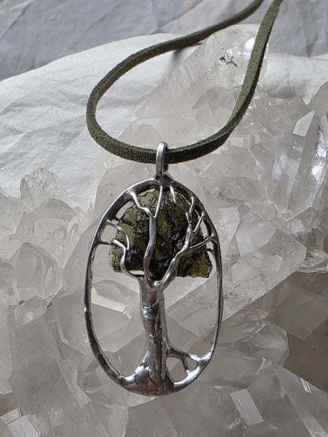 Olive-Green Moldavite Tree Pendant, Chlum, 2g
