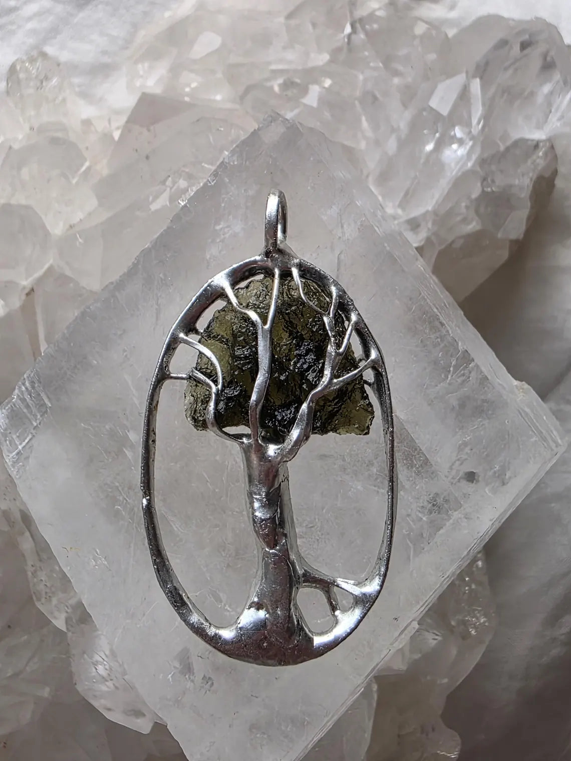 Olive-Green Moldavite Tree Pendant, Chlum, 2g