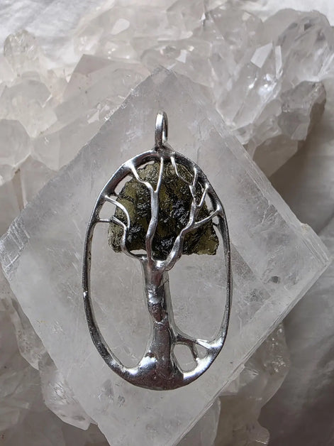 Olive-Green Moldavite Tree Pendant, Chlum, 2g