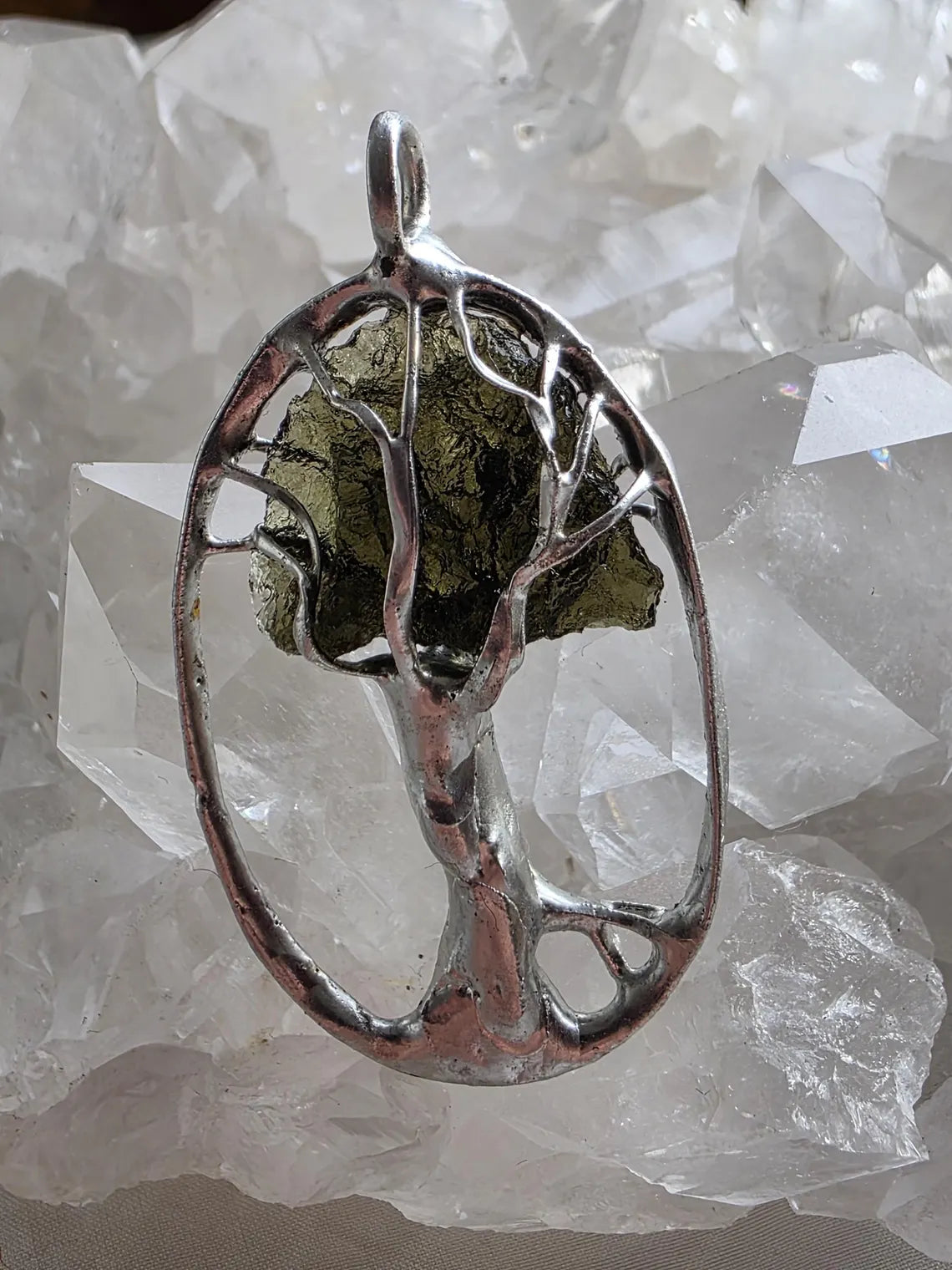 Olive-Green Moldavite Tree Pendant, Chlum, 2g