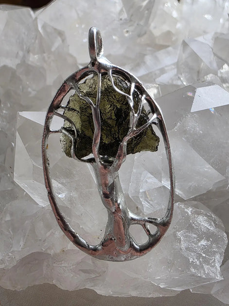 Olive-Green Moldavite Tree Pendant, Chlum, 2g