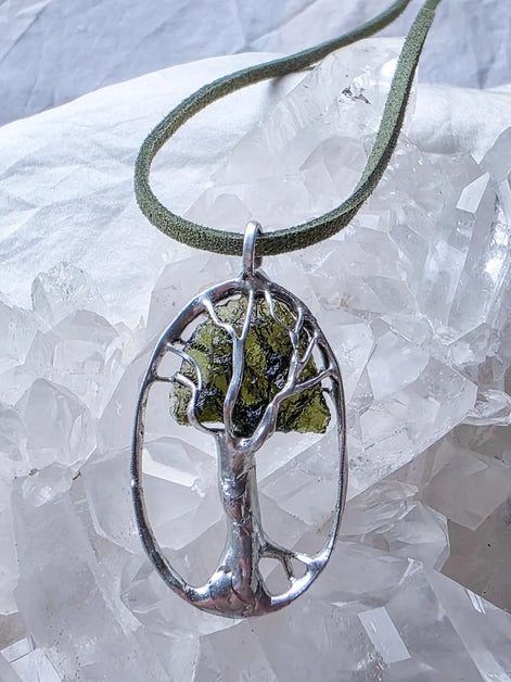 Olive-Green Moldavite Tree Pendant, Chlum, 2g