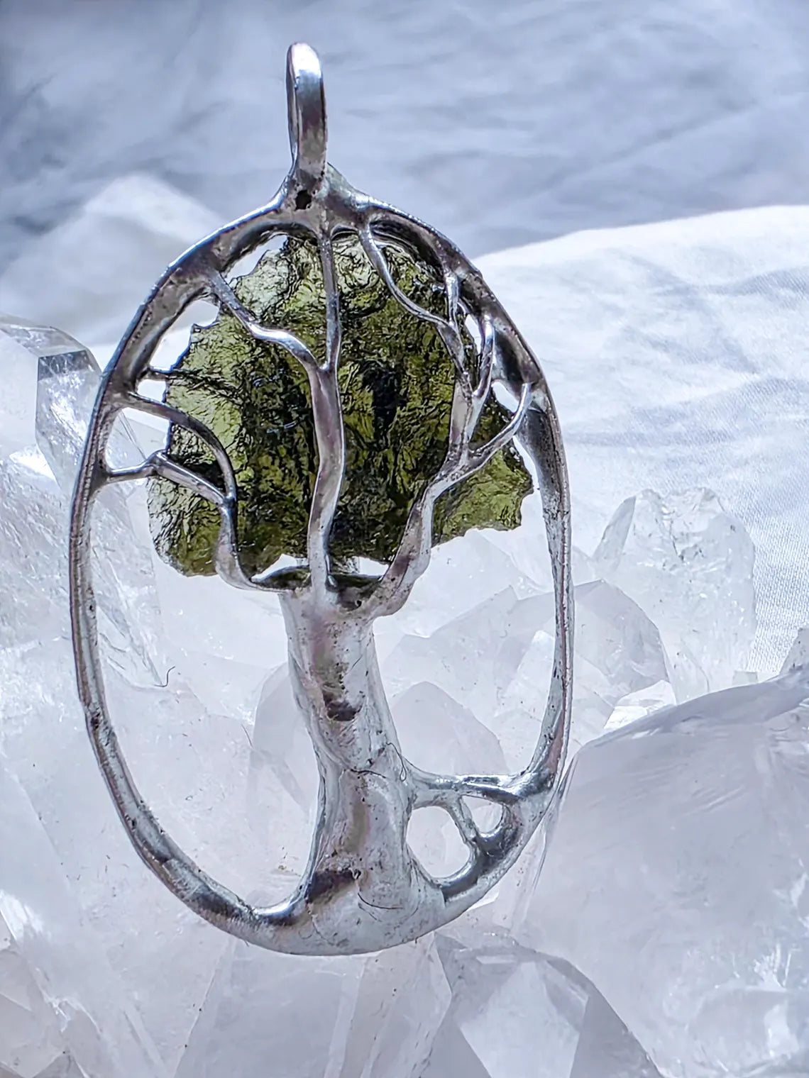 Olive-Green Moldavite Tree Pendant, Chlum, 2g
