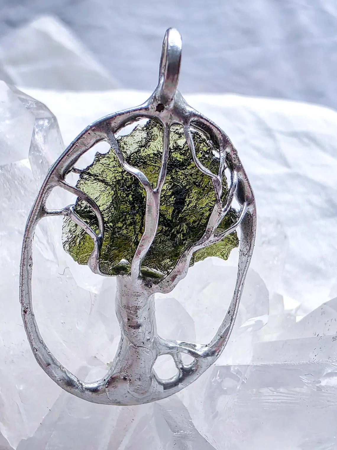 Olive-Green Moldavite Tree Pendant, Chlum, 2g