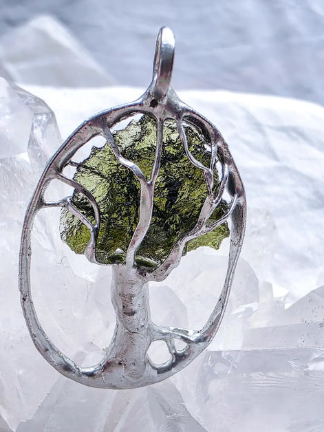 Olive-Green Moldavite Tree Pendant, Chlum, 2g