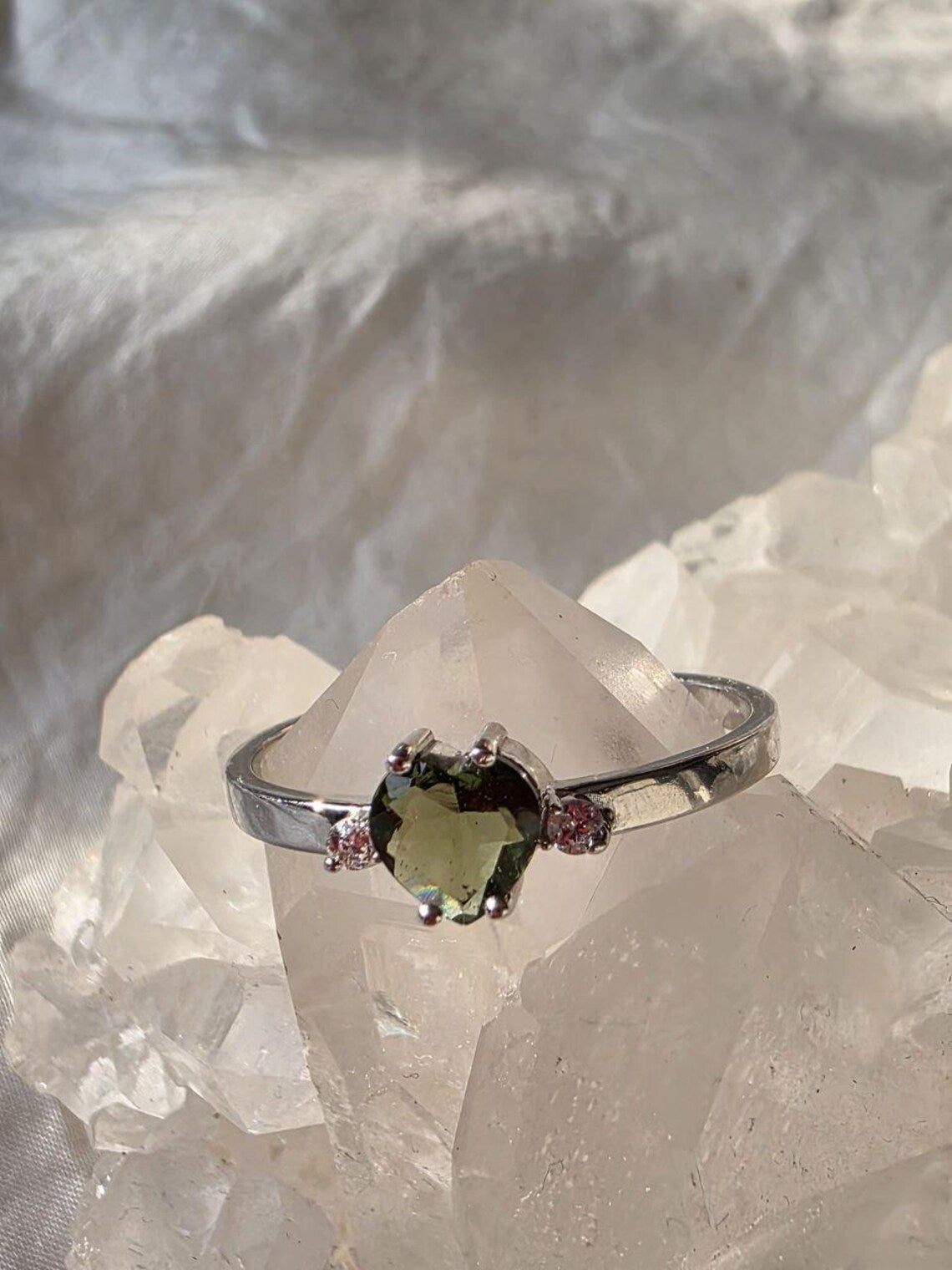 Briolette Heart Cut Moldavite Ring, Chlum, 0.25g