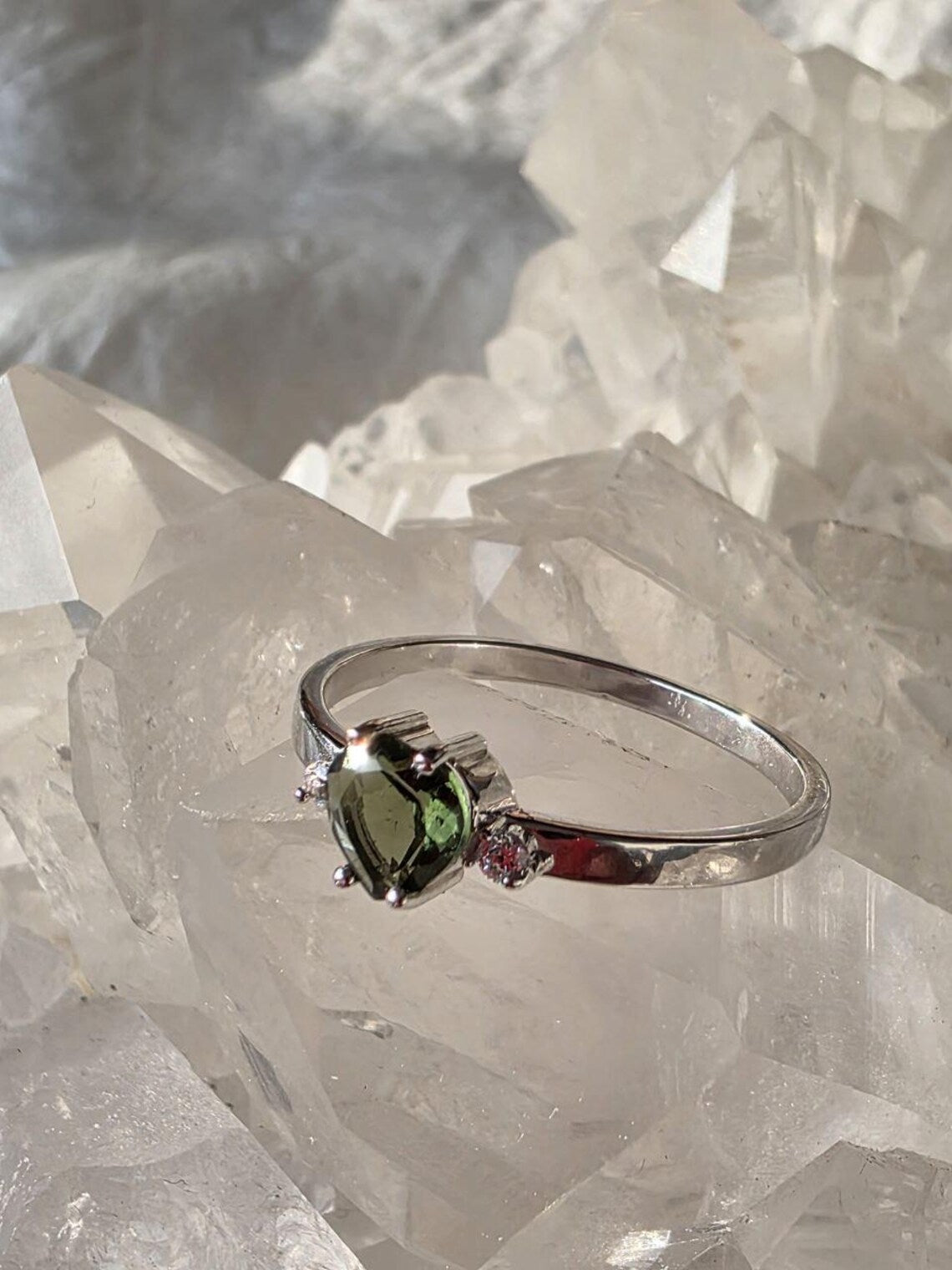 Briolette Heart Cut Moldavite Ring, Chlum, 0.25g