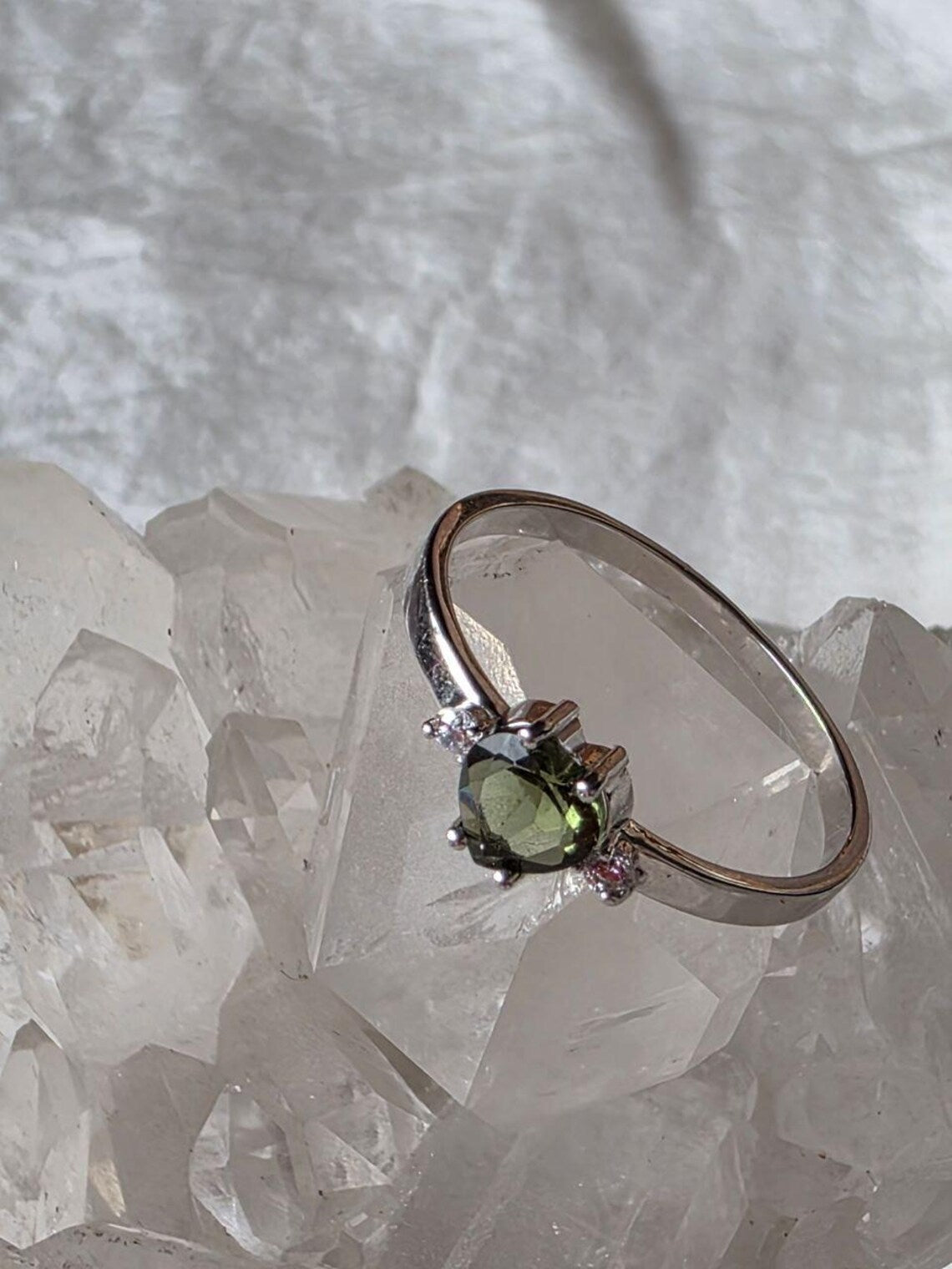Briolette Heart Cut Moldavite Ring, Chlum, 0.25g