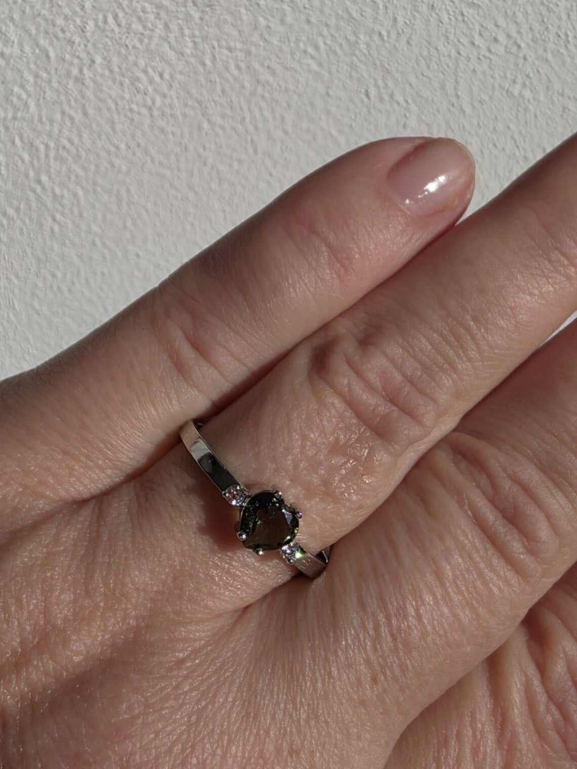 Briolette Heart Cut Moldavite Ring, Chlum, 0.25g