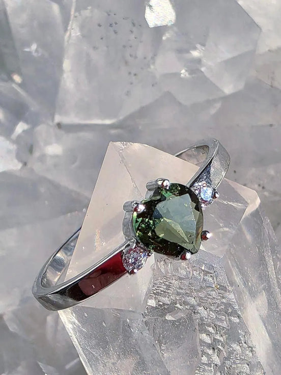 Briolette Heart Cut Moldavite Ring, Chlum, 0.25g