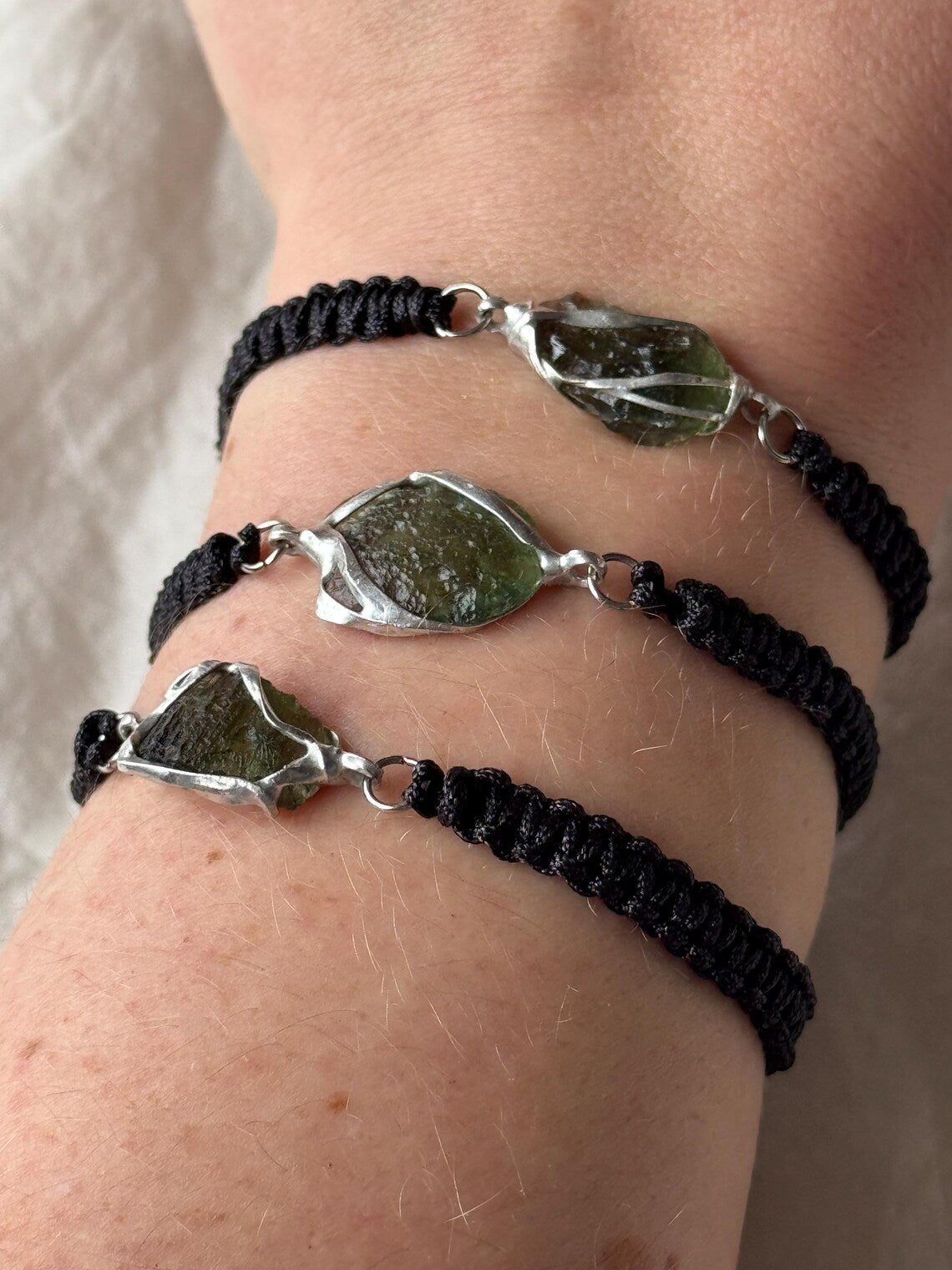 Moldavite Bracelet, Chlum, 0.8g, Black Nylon Cord