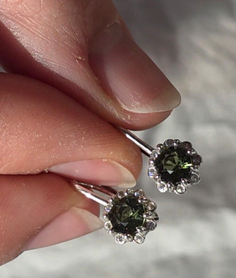 Brilliant Cut Moldavite Earrings, Chlum, 0.4g