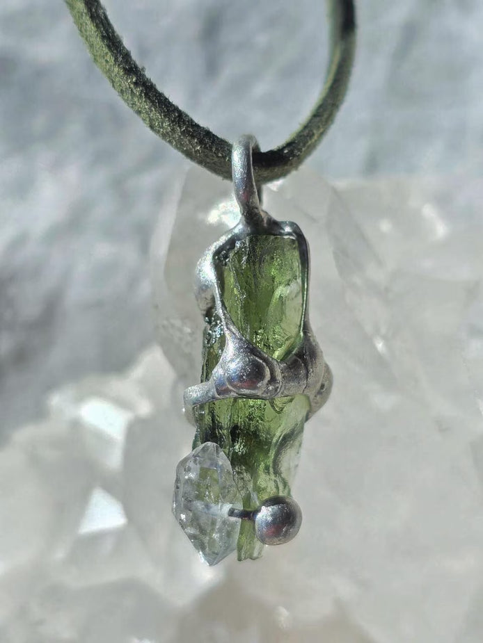 Moldavite & Herkimer Diamond Pendant, Chlum, 2.40g