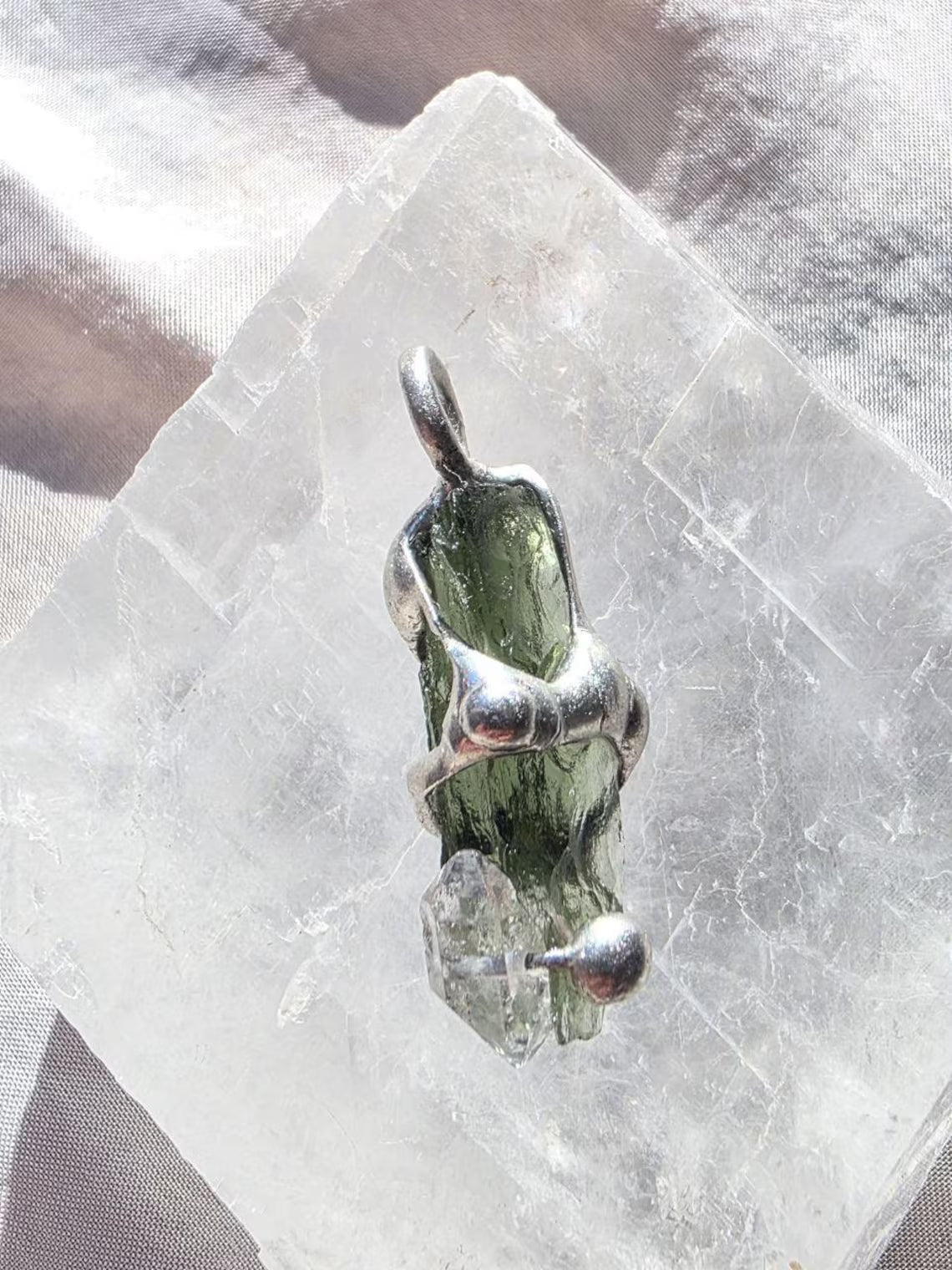Moldavite & Herkimer Diamond Pendant, Chlum, 2.40g